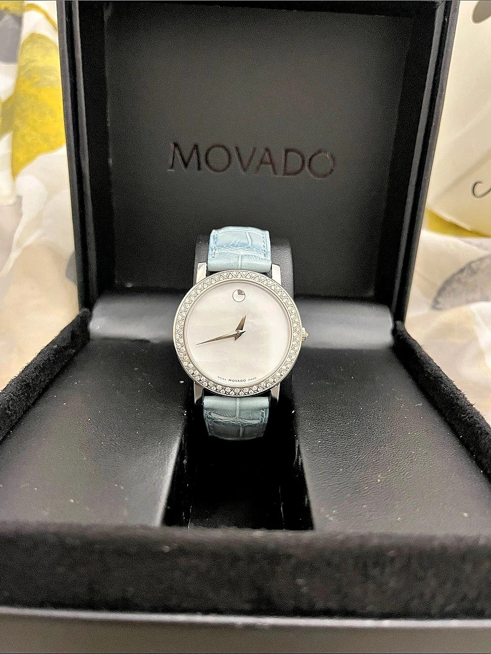 Movado Amorosa Diamond Bezel Light Blue Leather Watch Women's Blue Leather Watch